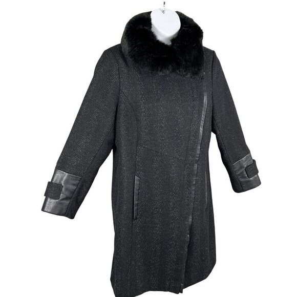 Via Spiga Women 16W Black Wool Blend Faux Fur Collar Asymmetrical Coat Old Money - Picture 9 of 16